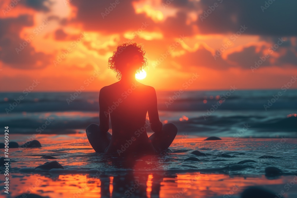 Silhouette young woman sitting on a big rock and practicing yoga on the beach at sunset. Silhouette young woman sitting on a big rock and practicing yoga on the beach at sunset.