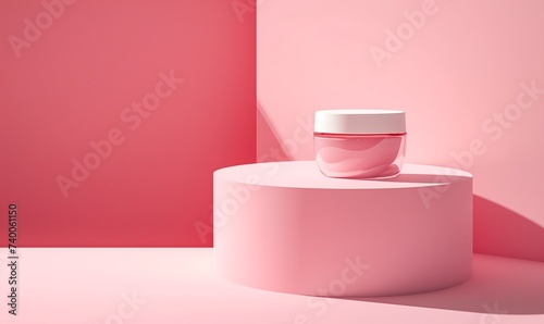 Abstract banner with cosmetic skin care product on the podium on a pink background. Presentation of cosmetic product. Skin care product mocap.