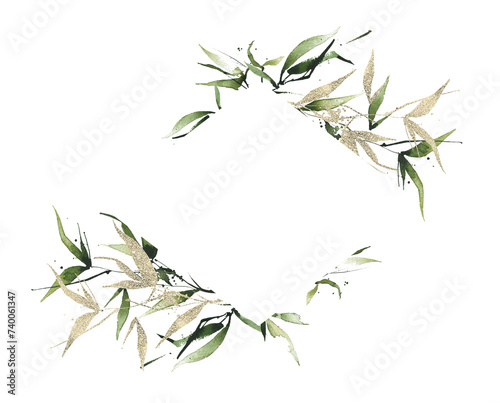 Watercolor hand painted exotic greenery horizontal rhombus frame. Green and golden texture bamboo branches, leaves and twigs. Watercolour template design. photo
