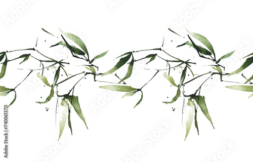 Fototapeta Naklejka Na Ścianę i Meble -  Watercolor hand painted exotic greenery seamless border frame. Green bamboo branches, leaves and twigs. Watercolour template design.