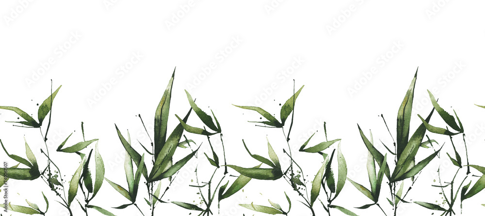 Naklejka premium Watercolor hand painted exotic greenery seamless border frame. Green bamboo branches, leaves and twigs. Watercolour template design.