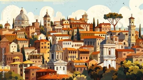 beautiful illustration of the streets of Italy with basilicas at sunset in high resolution and high quality