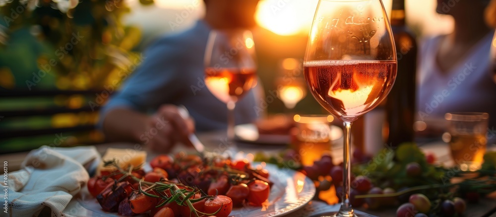 A couple enjoys a plate of delicious food and a glass of wine during their Italian vacation at sunset.
