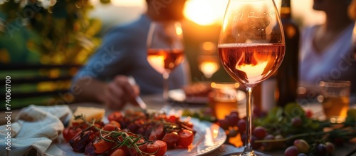 A couple enjoys a plate of delicious food and a glass of wine during their Italian vacation at sunset.