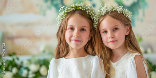 little girls on white dress and and wreath on first holy communion photo