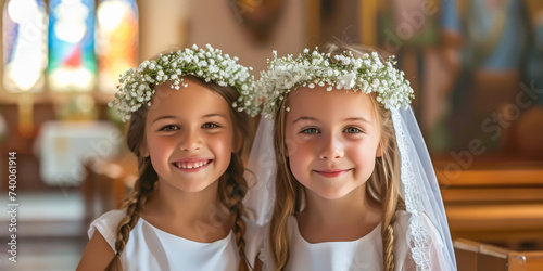 little girls on white dress and and wreath on first holy communion