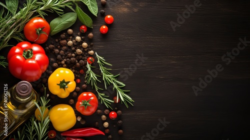 Food cooking background. Fresh rosemary, cilantro, basil, cherry tomatoes, peppers and olive oil, spices herbs and vegetables at black slate table. Food ingredients top view © Elchin Abilov