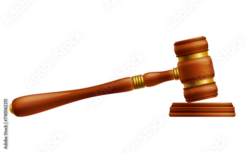 Wooden brown judge gavel, decision glossy mallet for court verdict. 3d realistic vector, isolated on white background. Auction hammer with gold on the stand. Law and justice system symbol