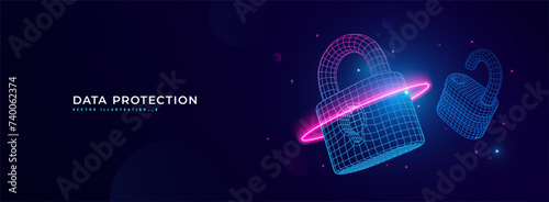 Futuristic cyber security vector illustration. Data security scanning. Wireframe locks on blue background. Padlock technology, cybersecurity, and digital encryption.