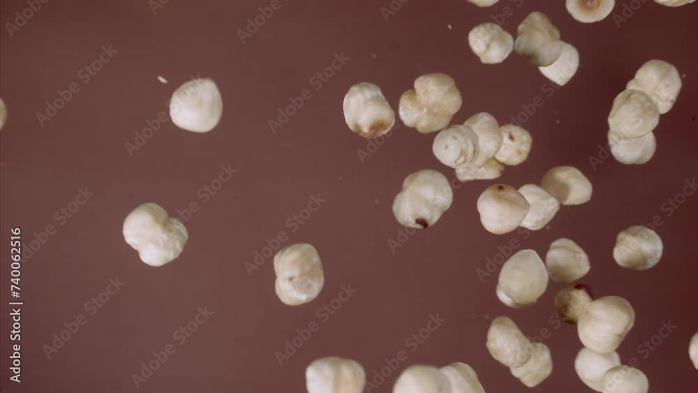Super Slow Motion Hazelnut Flying Towards Camera on Brown Background at 1000fps. Super Slow Motion Hazelnut Flying Towards Camera on Brown Background at 1000fps.