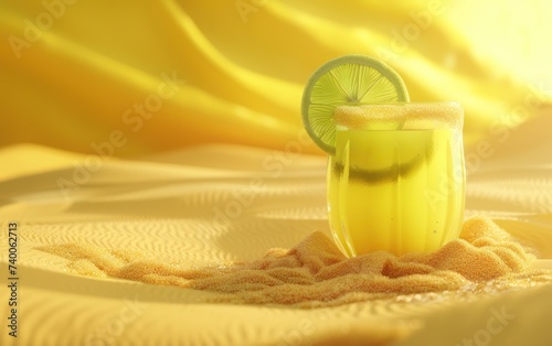 limoncello and rum cocktail with lime on a piece of sand