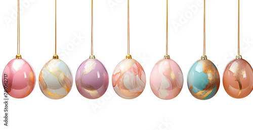  Hanging on Strings Pastel Color Golden Speckled Easter Eggs: Isolated Cutout on Transparent Background