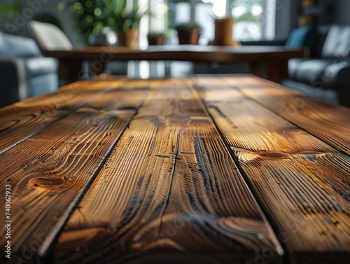 A empty wooden table, living room in the background © Simone