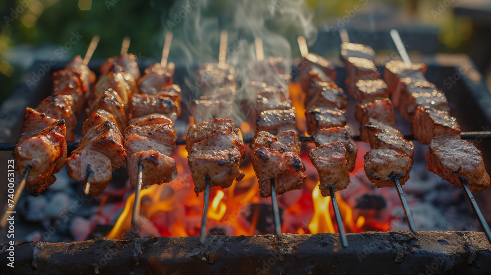 Barbeque cooking skewers in the open air outdoor Barbeque cooking skewers in the open air outdoor