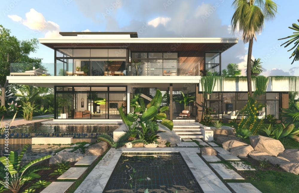 modern house with modern glass facades and a spacious garden