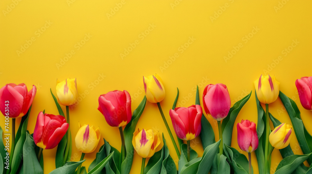 Colored tulips composition spring colorful tulips on yellow background panoramic shot