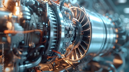 High Tech Futuristic Turbine Engine with Fans, Wires, Connectors in development. 