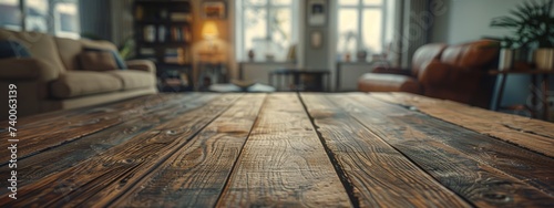 A empty wooden table, living room in the background
