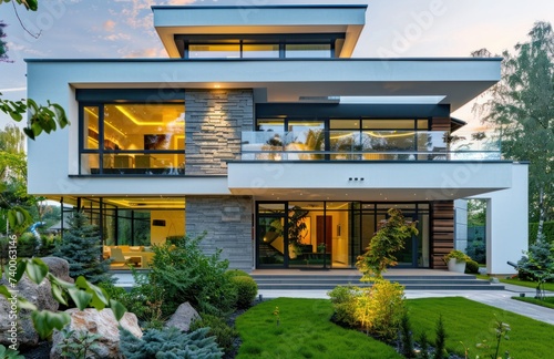 modern house with modern glass facades and a spacious garden