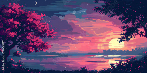 Pixel art landscape with mountains, trees, and a sunset sky. photo