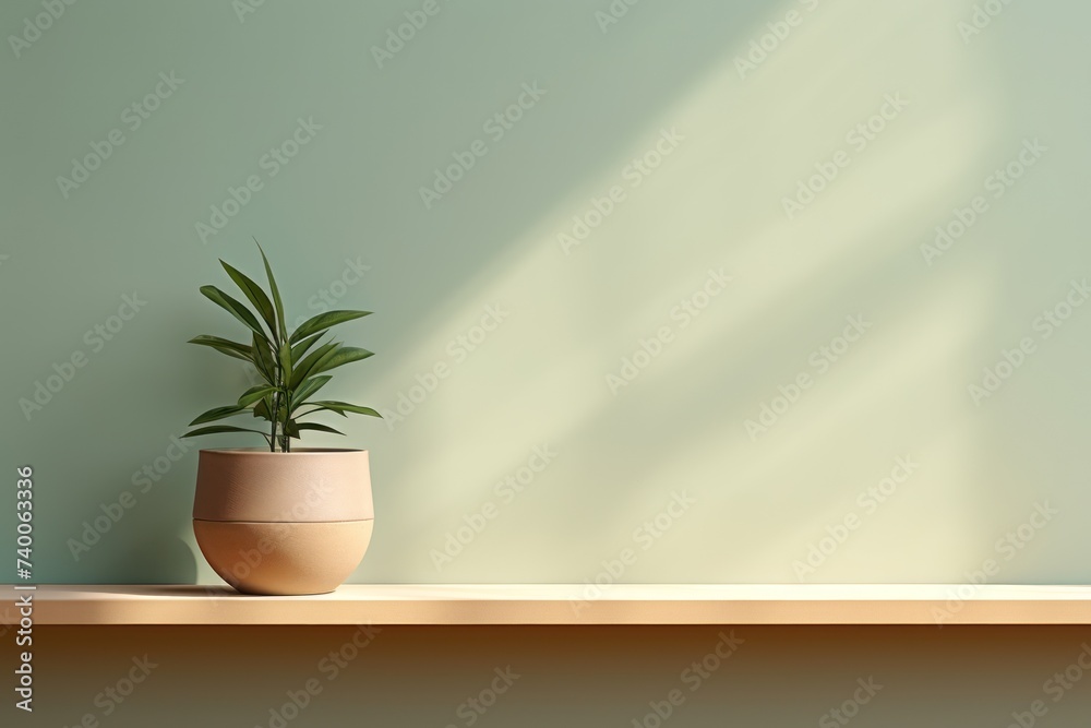 a green potted plant on a wooden shelf