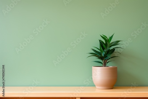 a green potted plant on a wooden shelf