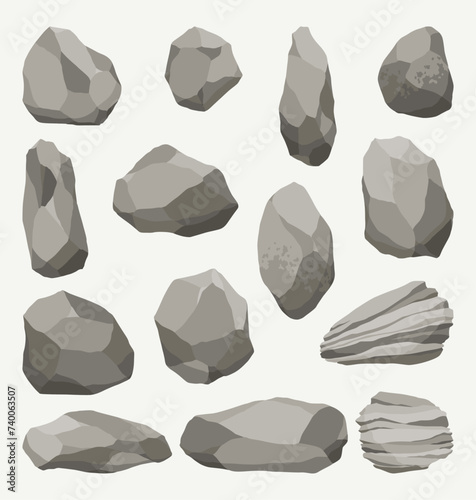 Rock stones or debris of mountain. Gravel, gray stone. Collection of various shapes, pieces of fossil stone. Polygonal shapes set. Game decoration elements