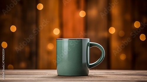 Green mug on wooden table over grunge background