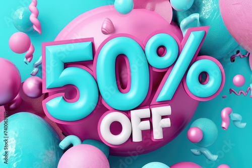 Tropical Sale Theme with Blue Balloon Letters Spelling Fifty Percent Off