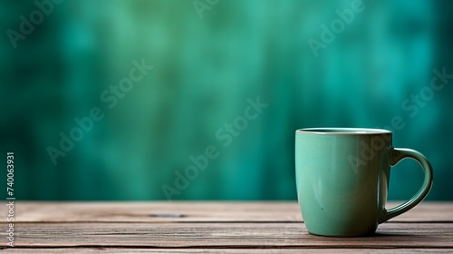Green mug on wooden table over grunge background photo