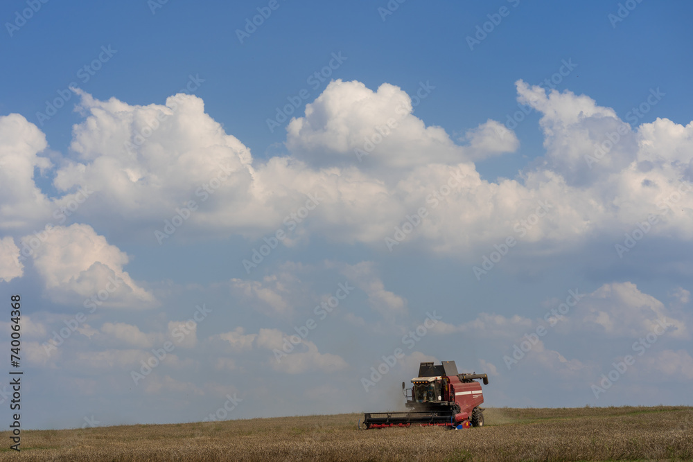 Naklejka premium Сombine harvester working in a field under a sky filled with fluffy clouds. The machine is in the process of harvesting crops, and there’s dust being kicked up around it, indicating its operation. 