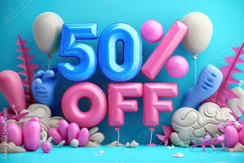 Tropical Sale Theme with Blue Balloon Letters Spelling Fifty Percent Off