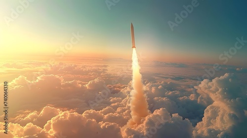 Hypersonic missile. A combat rocket is flying above the clouds. Missile attack, air attack, war, missile strike.