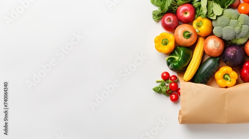 Healthy food background. Healthy vegan vegetarian food in paper bag vegetables and fruits on white  copy space  banner. Shopping food supermarket and clean vegan eating concept
