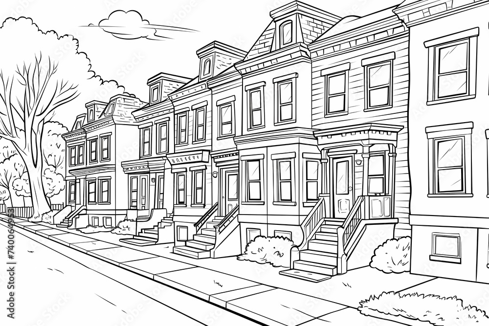 printable picture, coloring book with cozy buildings