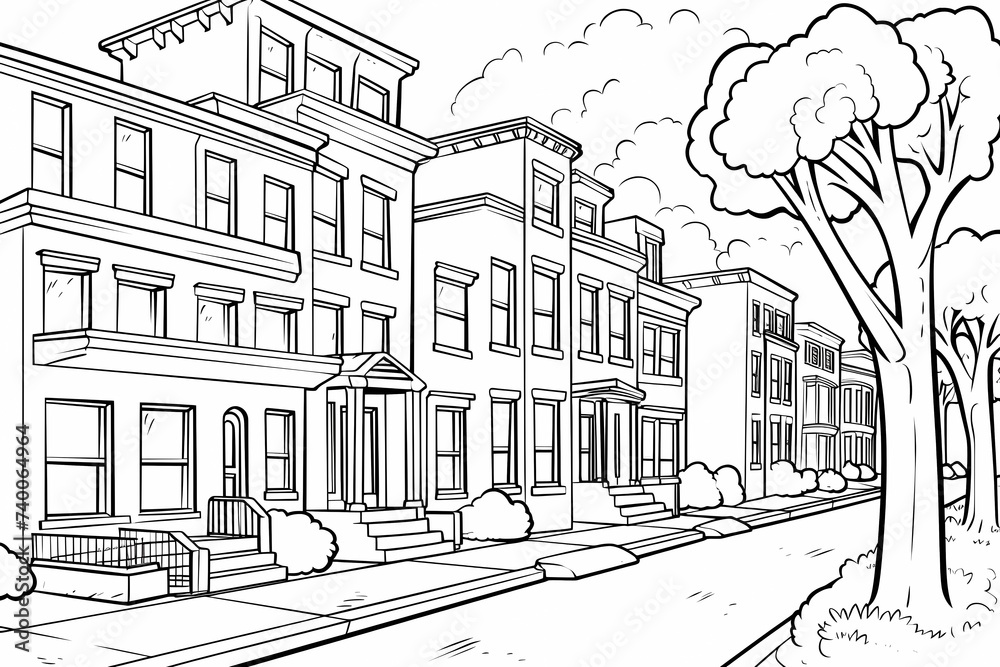 printable picture, coloring book with cozy buildings