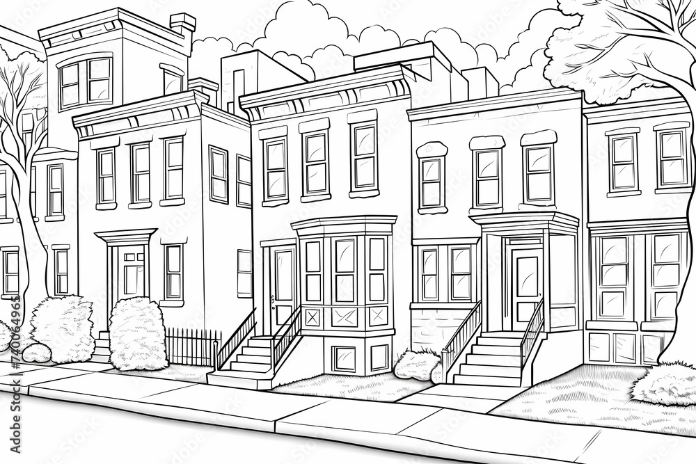 printable picture, coloring book with cozy buildings