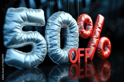 Sleek Silver and Red Balloon Letters on Dark Background Advertising Fifty Percent Off Sale