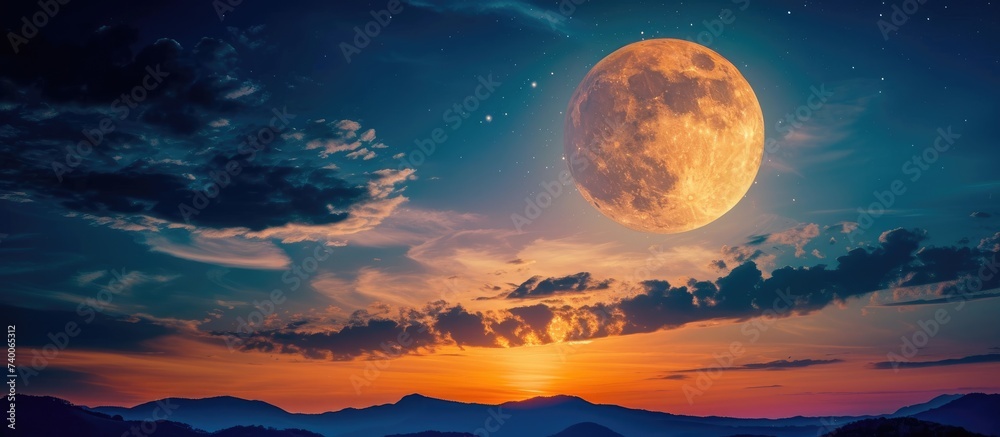 A captivating full moon rises above a majestic mountain range, illuminating the evening sky with its enchanting glow.