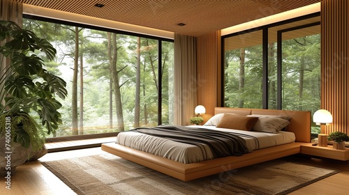 Interior of a modern bedroom with a comfortable bed with a panoramic view overlooking the trees in the apartment
