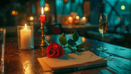wine bottle and glass on the table with red rose