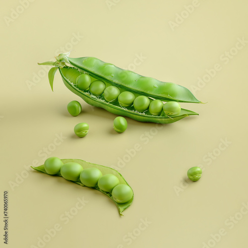 Fresh green peas in open pods isolated on pastel green background. Concept of healthy food and agriculture. Minimal style. Source of proteins, antioxidants, vitamin k, a, fiber. photo