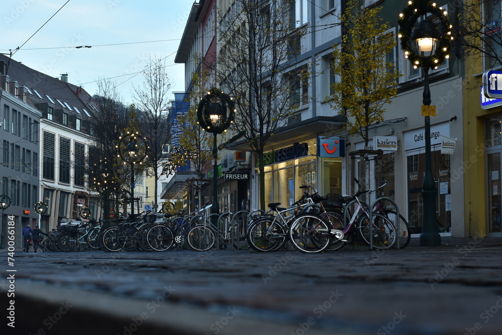  Evening Street View in Freiburg, Germany with Bicycles and Tram