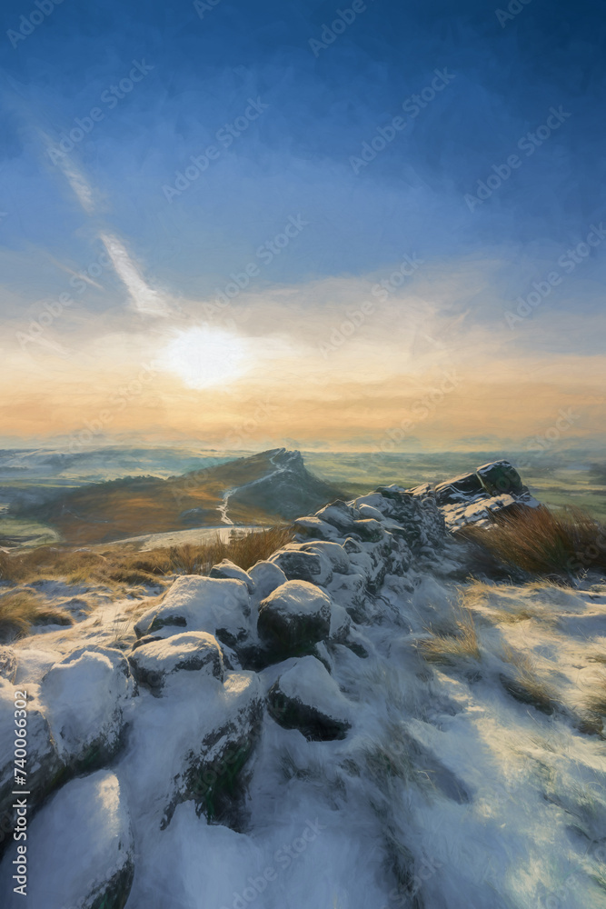 Obraz premium The Roaches.&nbsp;A digital oil painting of a winter landscape in the Peak District National Park, UK.