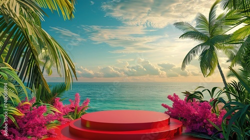 Circle Podium Vibrant Red against a Tropical Jungle Idea for Product Placement and Presentation
