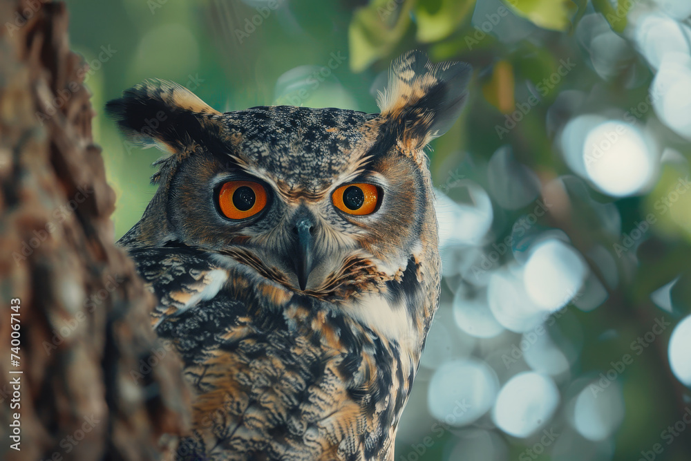 Horned Owl Peering Through Tree Branches