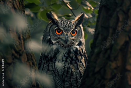 Great Horned Owl Hiding in the Green Foliage