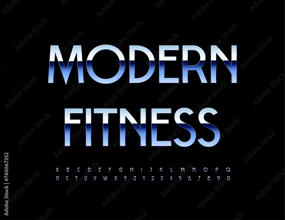 Vector metallic sign Modern Fitness. Stylish Silver Font. Modern Steel Alphabet Letters and Numbers.