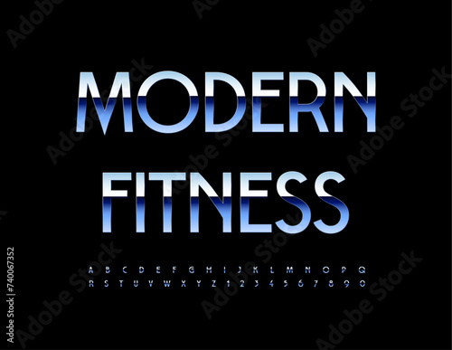 Vector metallic sign Modern Fitness. Stylish Silver Font. Modern Steel Alphabet Letters and Numbers.