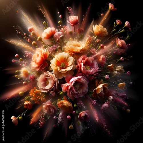 Bouquet of colorful flowers trom imagination. Many flowers in many intensive colors. Close of fantastic and beautiful bouquet on dark bacground photo